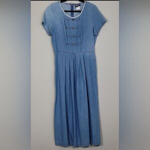 Vintage Chambray Prairie Maxi Dress Size M Denim Cottagecore Modest Lace Trim